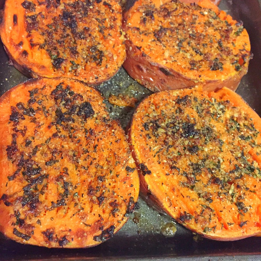 Garlic butter smashed sweet potatoes with parmesan cheese
