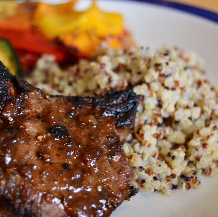A lil bit burned Grilled lamb chops with quinoa and Mediterranean style vegetable